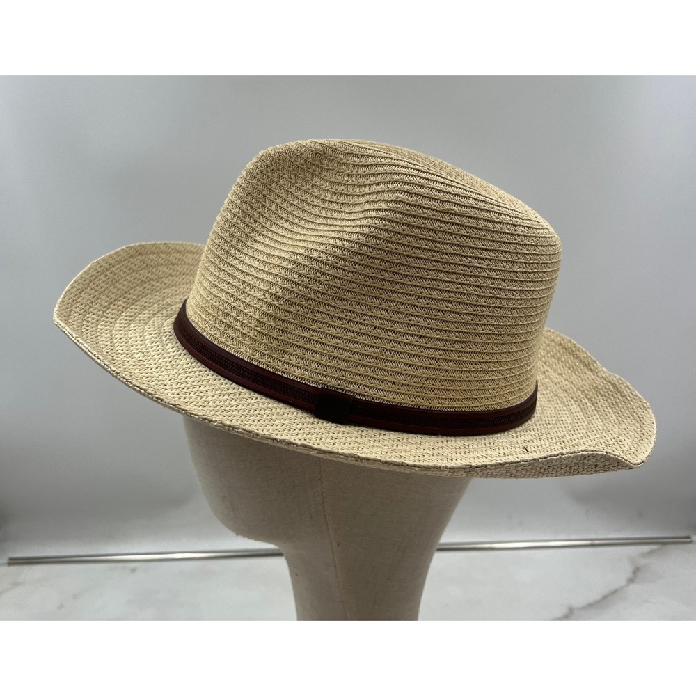 Journey Hats Fedora Hat Men's Medium Tan Toyo Straw Burgundy Band